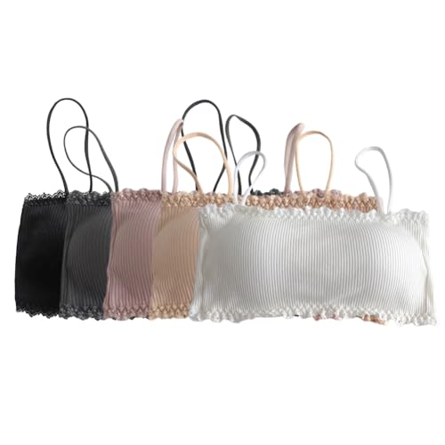 5 Pieces Girls' Spaghetti Strap Sports Bra, Cotton Girls Training Bra, Crop Cami Training Bras for Girls Cotton Bra, White+Peach+Black+Skin Color+Dark Gray3