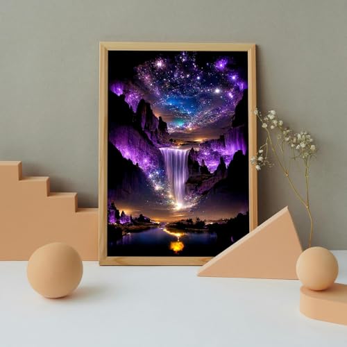 Image of MBNTJHT Waterfall Landscape Diamond Art Kits for Adults,DIY Purple Aurora Diamond Painting Kits for Beginners,5D Full Round Drill Gem Art Painting Crafts for Home Wall Decor 12x16 Inch.