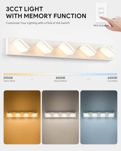 Image of VONLUCE Bathroom Vanity Light Fixture, 5-Light Modern LED Vanity Light, 3CCT Adjustable Bathroom Lights with Memory Function Rotatable Shades, 34 inch Wall Lighting Fixture Over Mirror, Matte White