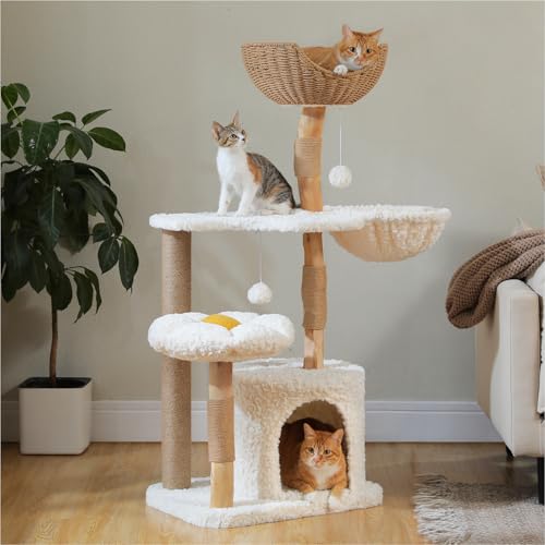 PETEPELA 49" Modern Cat Tree Tower for Large Cats with Flower Perch, Natural Solid Wood Cat Scratching Posts, Boho Ratten Cat Tree with Condo & Wicker Basket Bed for Indoor Cats, Cloud White