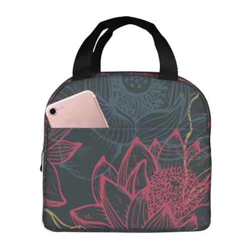 断熱ランチバッグ 大容量 防水 熱漏れ防止 おしゃれで丈夫 仕事、学校、アウトドア活動に便利 男女兼用 (生地には蓮の花と葉をあしらった花柄シームレスパターン)