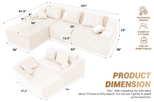 Image of HABUTWAY 101'' Modular Sectional Sofa Cloud Couch with Deep Seat, Modern L-Shaped Convertible Couches Upholstered Couch with Chaise for Living Room Bedroom(Beige, Left-Facing Chaise)