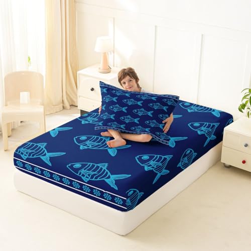 Image of jejeloiu Ocean Fish Bed Sheets Set Twin Size Summer Bed Set Blue Deep Pocket Fitted Sheet Sea Animal Breathable Soft Lightweight Microfiber
