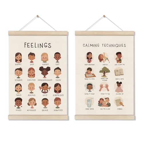 Image of DOI-LANEE Feelings Chart 16x12 Inch, Mental Health Poster Hanger Frame, Montessori Emotions Poster Wall and Therapy Office Decor, Psychology Gifts, Set of 2 Preschool Classroom Decor