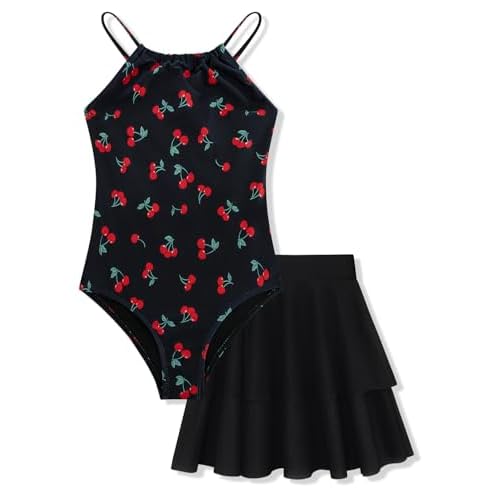 Girls One Piece Swimsuits with Mesh Skirt Tanikini Bathing Suit Swimwear 6-14Y Black Cherry 13-14 Years