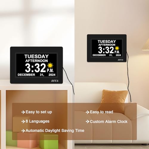 Image of SSYA 7 Inch Calendar Clock - 12 Alarm Options, Level 5 Auto Dimmable Display,Extra Large Impaired Vision Digital Clock with Non-Abbreviated Day & Month (Black)