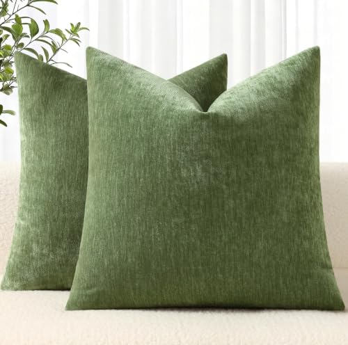 decorUhome Fall Chenille Olive Green Throw Pillow Covers 18x18 Inch Set of 2, Decorative Soft Couch Pillow Covers Solid Dyed Accent Farmhouse Neutral Square Pillow Cases for Sofa