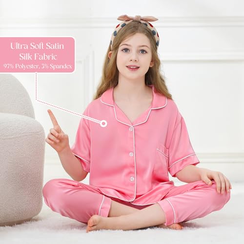 Girls Silk Pajamas Set,Girl Satin Pajamas 3 Piece Button-up Nightwear Loungewear，Girls PJS Clothes for 4T-15Years4