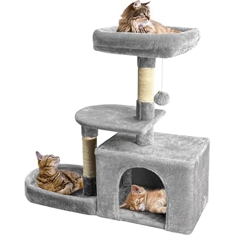 Cat Tree Tower, 31 Inch Cat Tower with Scratching Post, Cat Condo, Dangling Ball, and Soft Bed for Small and Medium Cats to Play and Sleep, Sturdy Unique Cat Tree Tower for Indoor Cats (Light Grey) Cover