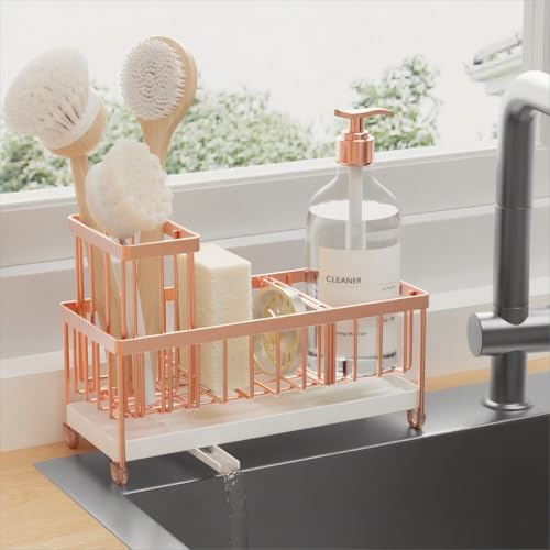 Image of Cisily Sponge Holder for Kitchen Sink, Sink Caddy Organizer with High Brush Holder, Kitchen Countertop Organizers and Storage Essentials, Rustproof 304 Stainless Steel (Rose Gold, 9.25″)
