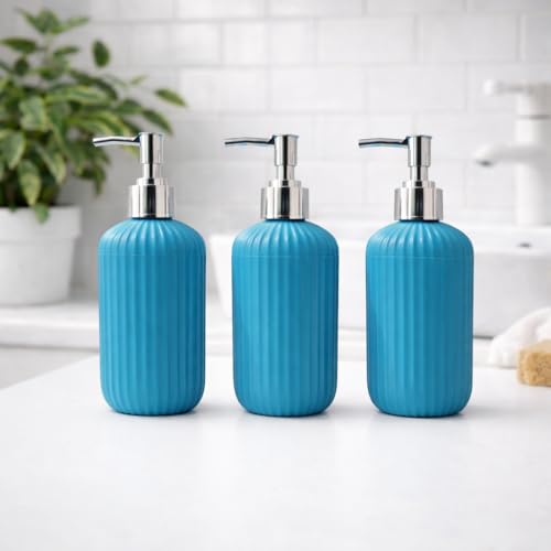 Image of LAGET 300ml Soap Dispenser for Wash Basin - Plane Ribbed Design | Kitchen and Bathroom Accessories Items | Refillable Handwash Dispenser Bottle- Set of 3 (Blue)