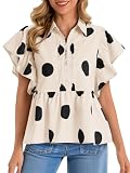 Cicy Bell Womens Polka Dot Babydoll Tops Peplum Ruffle Cap Sleeve Blouses Summer Casual Half Button Up Shirts Beige