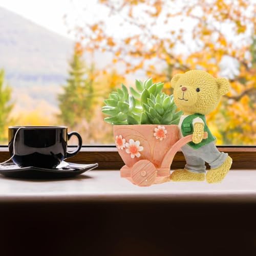 Image of Cute Bear Succulent Planter with Floral Cart - Resin Mini Pot for Desk, Home or Kids Room Decor - Decorative Animal Plant Holder | No Plants or Floral Included (4.13 Inch)