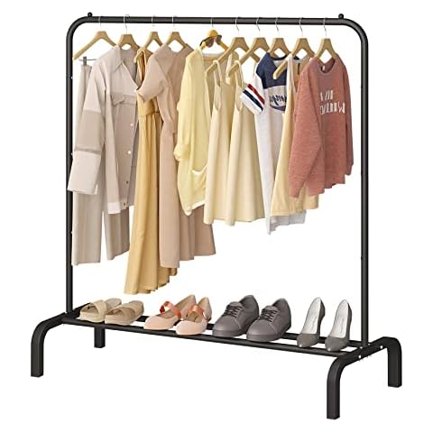 JIUYOTREE Clothing Garment Rack, 110 CM Metal Clothes Rail, Coat Rail with Bottom Rack for Coats, Skirts, Shirts, Sweaters, Black Cover