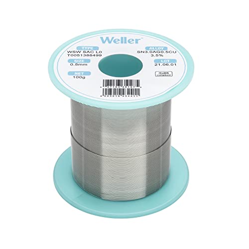 Image of Weller WSW SAC L0 (T0051387099) Lead Free Solder Wire, Dia: 0.5 mm / 0.020 in, Wt: 500 g / 17.637 oz, Alloy Sn96.5Ag3.0Cu0.5, Flux content 3.5%