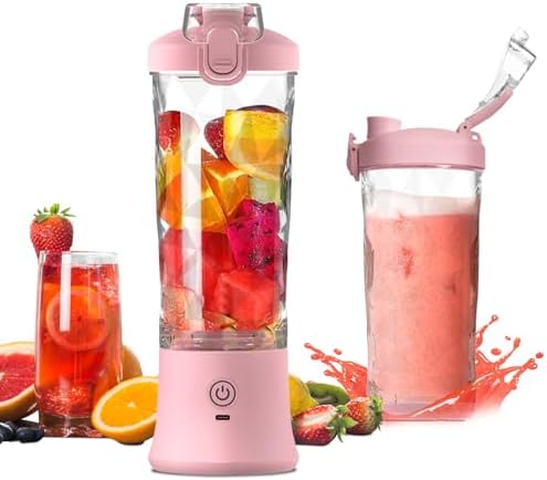 SEAINS Portable Blender, Personal Blender for Shakes and Smoothies with 20 Oz Travel Cup and Lid, Mini Personal Size Blender with 6 Blades and USB Rechargeable for Gym, Kitchen and Outdoors (Pink)