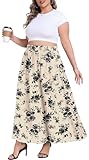 Lastshe Plus Size Maxi Skirts for Women Casual Elastic High Waisted Hide Drawstring Flowy A-line Long Skirt with Pockets,Black Floral Beige,3X