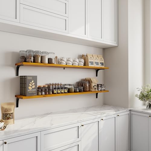 Image of 12 Inch Deep Floating Shelves Set of 2, 60 Inch Extra Wide Solid Wood Wall Shelves, Heavy Duty Wall Mount Bookshelf with 100 lbs Capacity, Farmhouse Rustic Storage for Kitchen & Living Room
