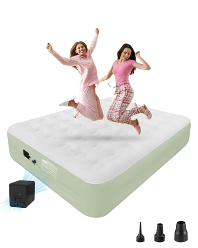 LussoAmor Queen Air Mattress with Built-in Pump - 18 Inch Extra Thick, Luxurious Velvet Plush Surface & Reinforced Edge - Portable Inflatable Bed for Home, Camping & Travel - Hotel-Like Comfort Green