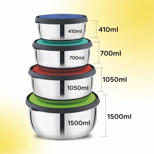 Image of Double Mould Stainless Steel Storage Container Set in Multi Color - 4 Pieces 410ml+700ml+1050ml+1500ml, 3 Pieces Airtight Leak Proof Lids | Kitchen Food Storage Bowls (1, Multicolor)