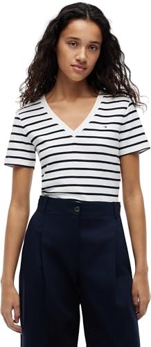 Tommy Hilfiger T-Shirt Manches Courtes Femme New Slim Cody Col en V, Multicolore (Breton/ECU/Dark Night Navy), M