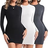 Chongbaijia 3 Pack Fall Dresses for Women 2025 Long Sleeve Ribbed Knit Mini Dress Fashion Basic Bodycon Short Dresses