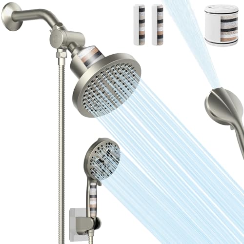 Filtered Shower Head With Handheld Spray Combo for Hard Water,High Pressure 6" Rain & 5" Handheld Dual Shower Head,Detachable,69" Stainless Steel Shower Hose,2PCS Filters