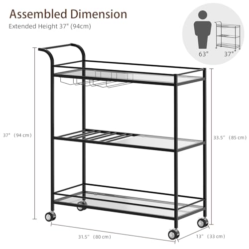 Image of Black Bar Cart, Home Bar Serving Cart with Handle, Wine Cart with 3-Tier Glass Shelves, Beverage Cart with Wine Rack and Glass Holder, Bar Carts for The Home, Dining Room, Living Room