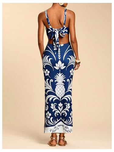 Image of Floerns Women's Tropical Bow Tie Back Long Dress Sleeveless Maxi Dress | Hawaiian Resort Wear, Coastal Vacation, Beach Wedding Guest, Side Slit, Spring Break Outfits