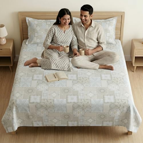 Image of Mafatlal 186 TC Metro Cotton Double Bed Bedsheet | 90x100 Inch|Soft, Breathable & Lightweight | Includes 2 Pillow Covers | Blue Walnut 1