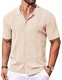 COOFANDY Mens Casual Beach Shirt Knitted Button Down Polo Shirt Short Sleeve Beach Vacation Shirts Apricot
