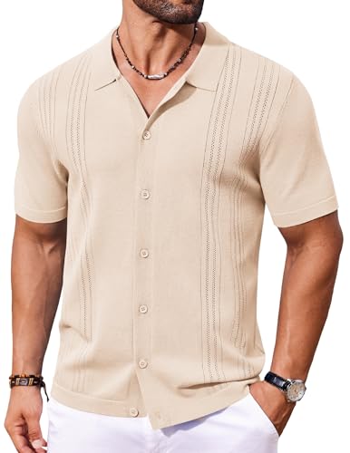 COOFANDY Men's Knit Button Down Shirt Short Sleeve Cuban Guayaber...