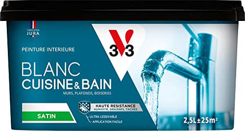 V33 Peinture salle de bain/cuisine blanche satinée, Haute résistance, BLANC CUISINE & BAIN 2,5L