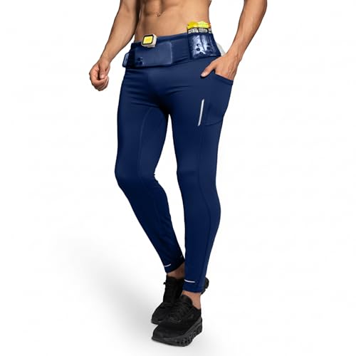Clbort Mens Running Pants with 6 Pockets Compression Running Tights for Men Reflective Leggings for Winter Athletic Workout Blue