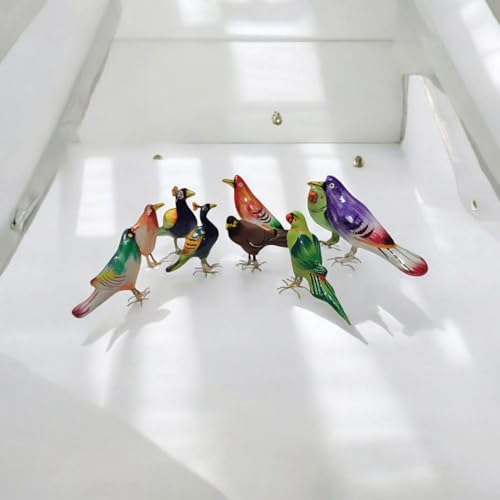 Image of Terracotta Bird Figurines, Set of 9 Pieces, Handmade Decorative Miniature Birds, Multicolour, Home Decor Showpiece