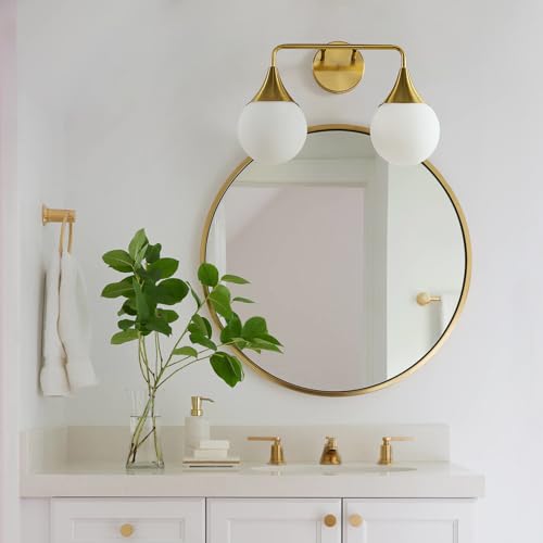 HAHZT Bathroom Vanity Light Fixtures: 2-Light Mid Century Farmhouse Bathroom Lighting Fixtures Over Mirror - Brushed Gold Wall Sconce with Frosted Globe Glass for Hallway Restroom by HAHZT - Used condition - Image 8