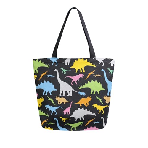 Image of Colorful Dinosaur Canvas Tote Grocery Bag Shoulder Casual Book Bag Large for Women Teachers, Animal Cotton Bag Shopping Purse Handbag Reusable Multipurpose Use