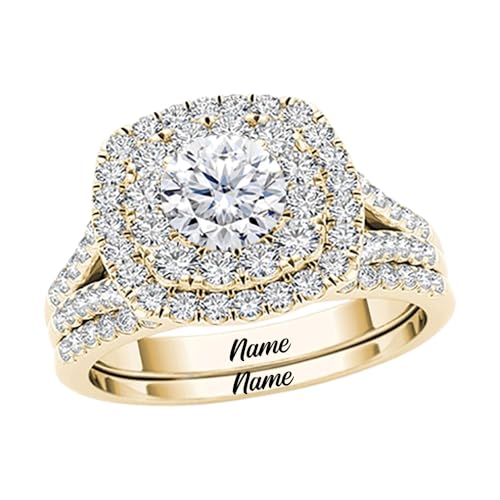 10K-18K Yellow Gold Moissanite Engagement Ring Set for Women, Modern Halo Style Wedding Eternity Band - Main Image