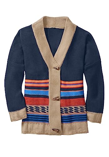 Woman Within Women's Plus Size Aztec Print Cardigan - L, Navy Jacquard Blue #TOP2
