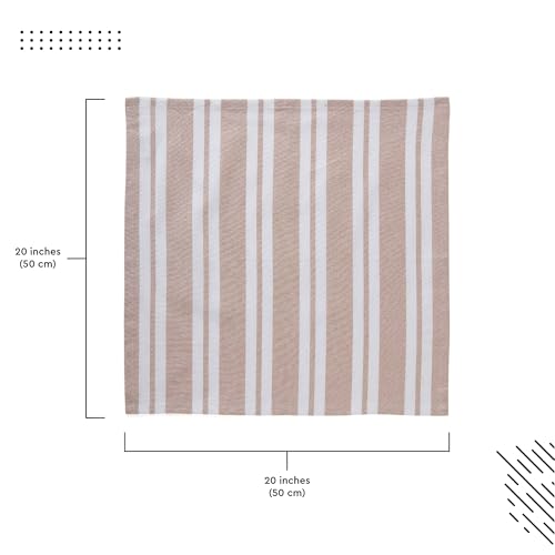 Image of Encasa XO Dining Table Napkins Set of 6, 50x50 cm | Machine Washable Reusable, Recycled Cotton Cloth Napkin, Soft & Absorbent, Table Decor for Hotels, Farmhouse - White & Franca Beige Stripes