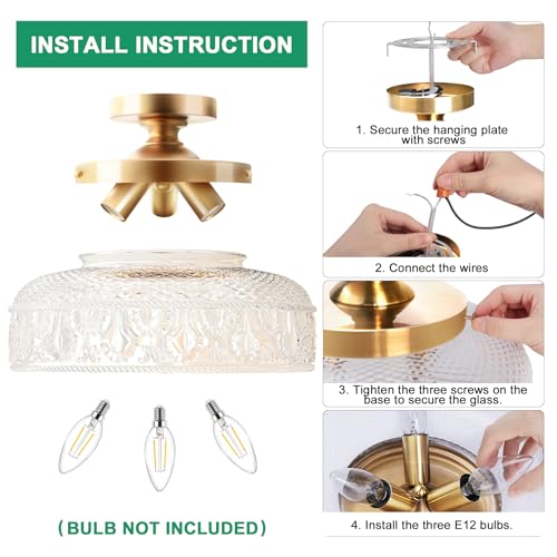 Lamomo Semi Flush Mount Ceiling Light, Upgraded Larger Golden Hallway Light Fixture, 3-Bulb Globe Glass Close to Ceiling Scone,Indoor Hanging Light for Bedroom Kitchen Porch Hallway,Bulbs Not Included