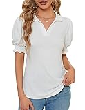 Micoson Business Casual Tops for Women Ladies Collared Shirts Short Sleeve Tunic Blouses Summer Polo Tshirts 2023 White M