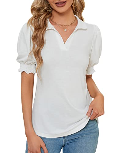 Micoson Business Casual Tops for Women Ladies Collared Shirts Short Sleeve Tunic Blouses Summer Polo Tshirts 2023 White M