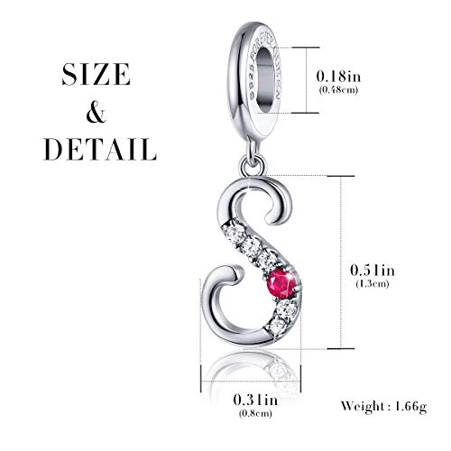 FOREVER QUEEN 925 Sterling Silver S Letter Initial Dangle Beads Charm Red Zircon Alphabet Pendants for Snake Chain Bracelets Necklace Gift Jewelry for Mother