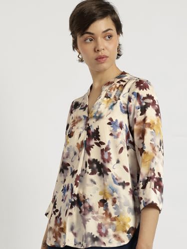 Image of FableStreet Women Shirt Work & Casual | Relaxed Fit Mandarin V-Neck Three-Quarter Sleeves Solid Pattern | Breathable Woven Fabric for Office & Everyday Wear