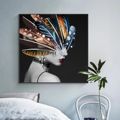 Peintures sur toile sur le mur de qualité artistique portrait de fille à la plume 60x60 cm