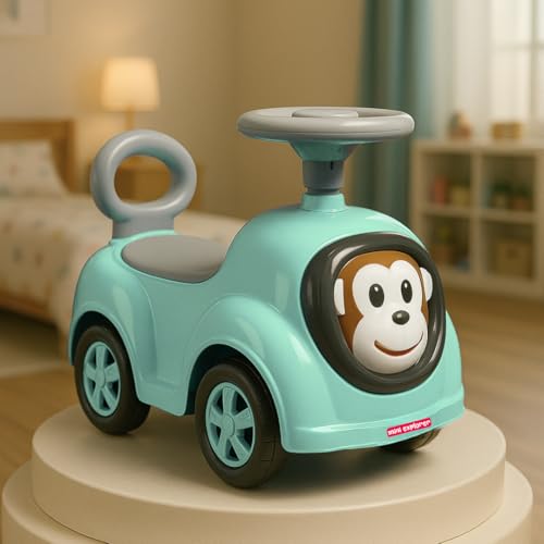 Image of MiniExplorer Monkey Ride-On Toy Car for Kids | Push Ride Car with Music, Horn, Backrest, Safety Guard, Under Seat Storage & Big Wheels | Baby Ride-On for 1-3 Years Boys & Girls - Blue