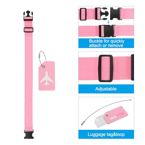 Image of PATIKIL Luggage Strap with Luggage Tag and Loop 78 inchx2 inch, 3 Set Adjustable Suitcase Belt for Travel Packing Bag Closure Identify, Pink