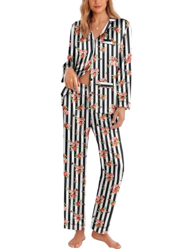 Image of Ekouaer Pajamas for Women Silk Satin Button Down Long Sleeve Pajama Sets | Soft and Lightweight,One Chest Pocket,Two Front Pockets,Daily Wear, for Casual,Sleep,Party Gift