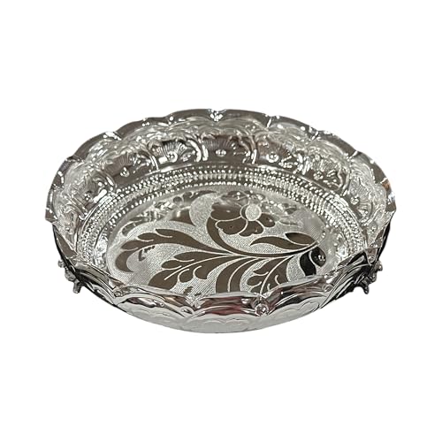 925 Sterling Silver Designer Hallmarked Puja Plate with Elephant Stand Small Size - Style#06 (8.0-inch Diameter)